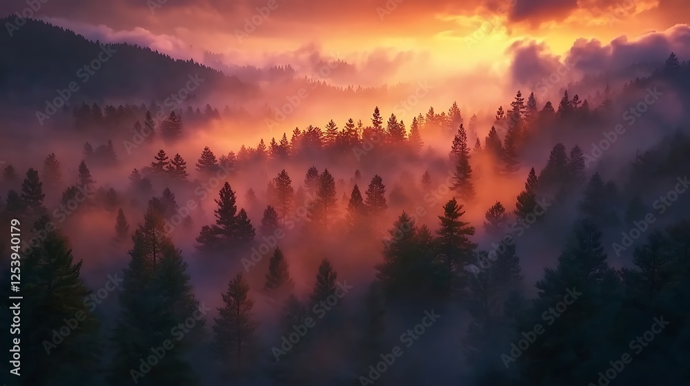 Naklejka premium Pine Forest Enveloped in Fog During Peaceful Sunrise