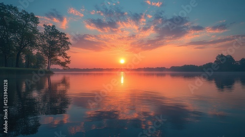 Tranquil Lake at Sunset with Vibrant Reflection