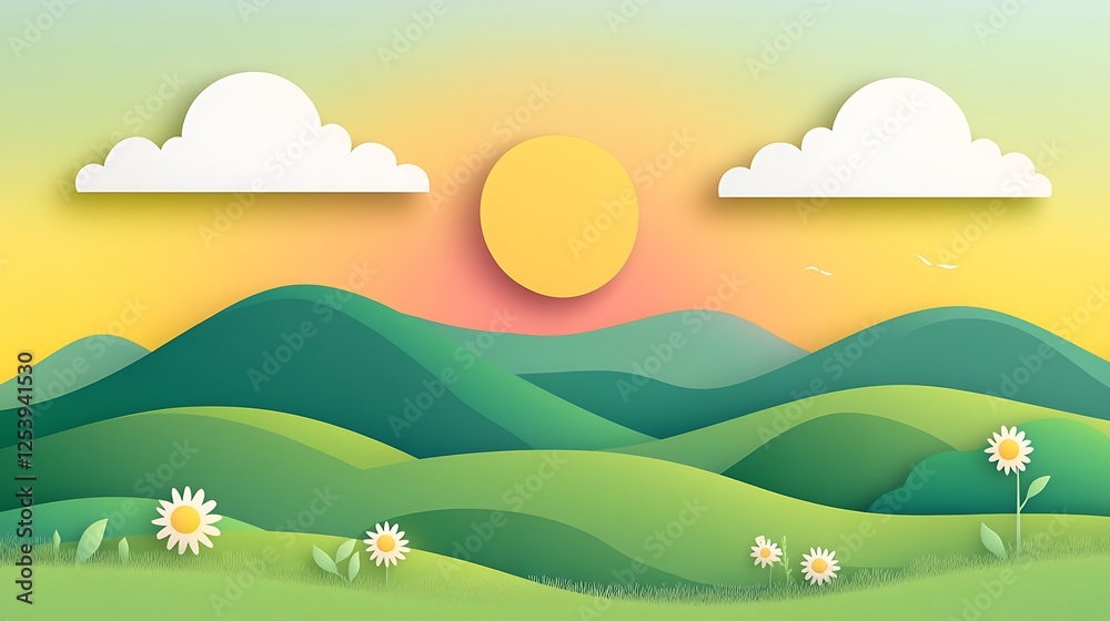Fototapeta premium Serene Sunset Over Rolling Green Hills and Daisies