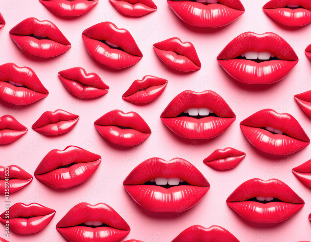 Obraz premium Many beautiful pink female lips on a pink background.