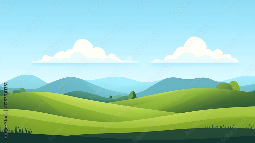 Fototapeta premium Rolling Green Hills Under a Blue Sky with Clouds
