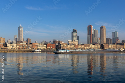 Skyline with skyscrapers of Rotterdam with in the foreground typical dutch architecture with brick facades of a few stories high. cargo ships in the maashaven. photo
