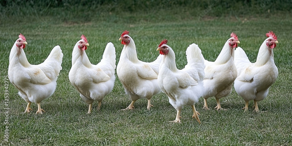 Fototapeta premium Free Range Broilers Roaming in a Garden: A Glimpse of Poultry Meat Production in an Outdoor Setting