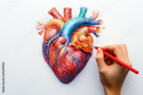 Detailed colored pencil drawing of a human heart, showcasing its intricate anatomy and blood vessels. photo