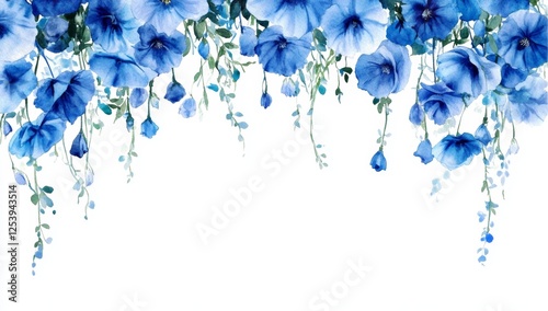 Floral garland, hanging blue flowers, white background, decorative border
