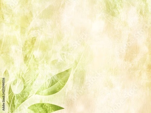 Soft Spring Greens: An ethereal watercolor-style background featuring delicate green leaves on a soft, pastel backdrop of yellow and beige hues, creating a serene and calming atmosphere. 
