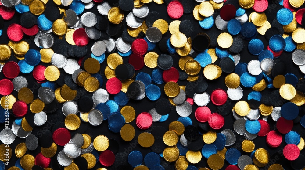 Vibrant Confetti Scatter on Dark Canvas: 3D Artistry with Gold and Silver Accents for Party Vibes Vibrant Confetti Scatter on Dark Canvas: 3D Artistry with Gold and Silver Accents for Party Vibes