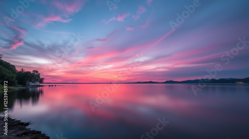 Scenic Lake At Sunset With Colorful Sky