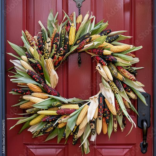 Harvest and autumn themed wreath of multi colored dried corn on the cob hanging on a red front door of a house.