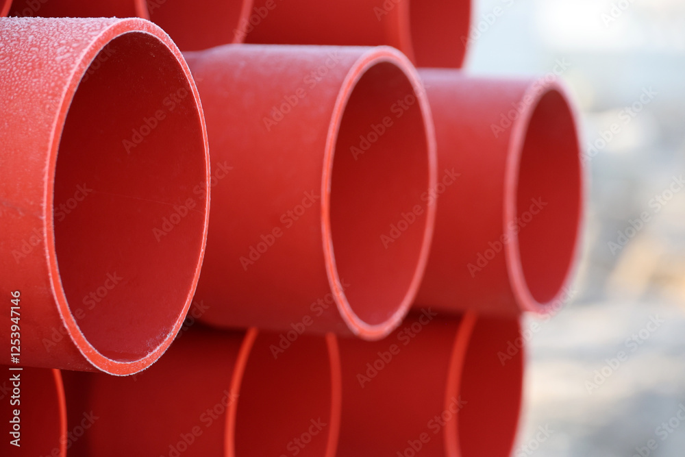 Red plastic pipes for underground cables for electricity at a construction site in Zevenhuizen Red plastic pipes for underground cables for electricity at a construction site in Zevenhuizen