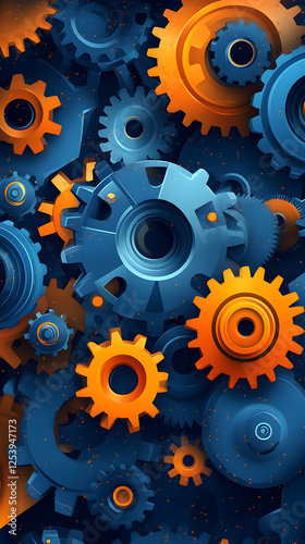 Wallpaper Mural Dynamic Digital Illustration of Gears and Cogs in a Blue and Orange Industrial Background, Showcasing Machinery and Technology Patterns for Innovative Engineering Design and Future Manufacturing Torontodigital.ca
