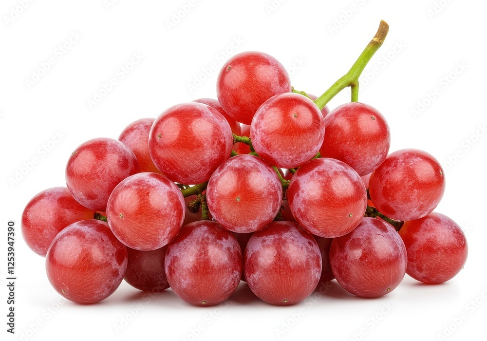 A fresh bunch of plump glossy red grapes with green stems attached, isolated on white background A fresh bunch of plump glossy red grapes with green stems attached, isolated on white background