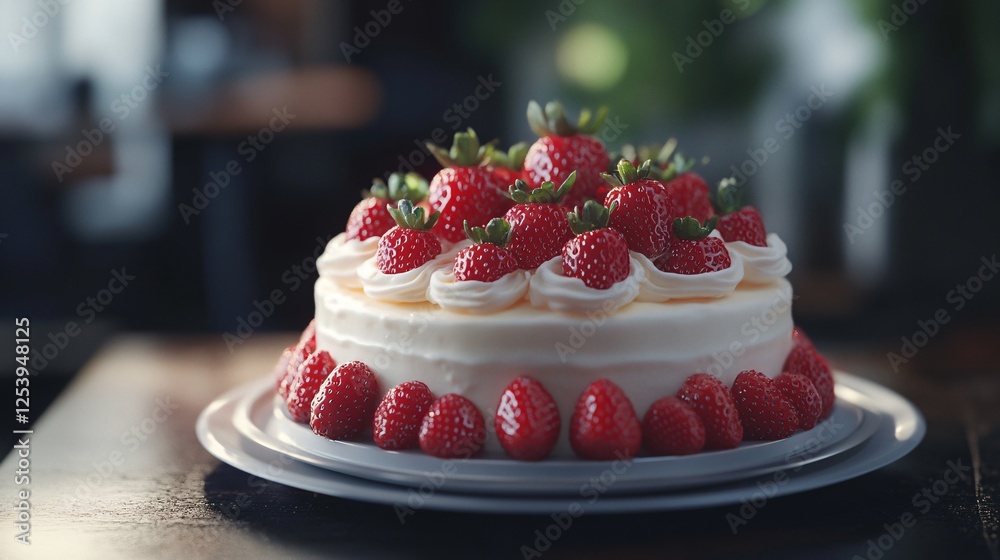 Creamy Cake with Strawberries on Wooden Table Creamy Cake with Strawberries on Wooden Table