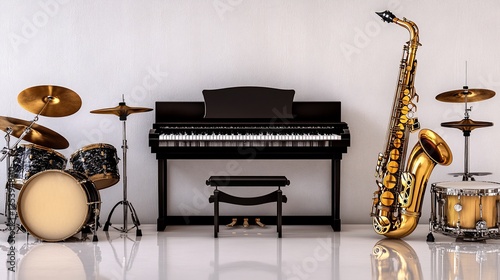 Modern Music Studio Set With Piano Saxophone And Drums