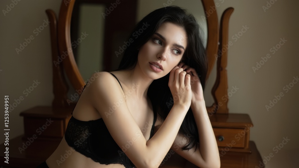 Fototapeta premium Young woman in black lingerie adjusting her hair near a dressing table in soft light