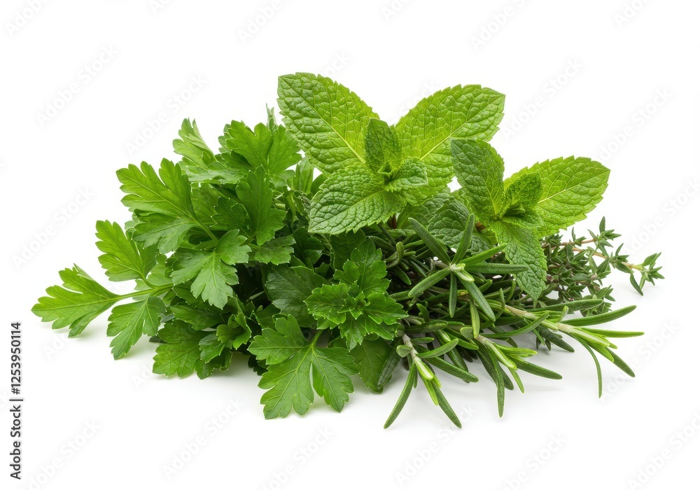 A mix of fresh green herbs including parsley, mint, rosemary and thyme isolated on white background A mix of fresh green herbs including parsley, mint, rosemary and thyme isolated on white background