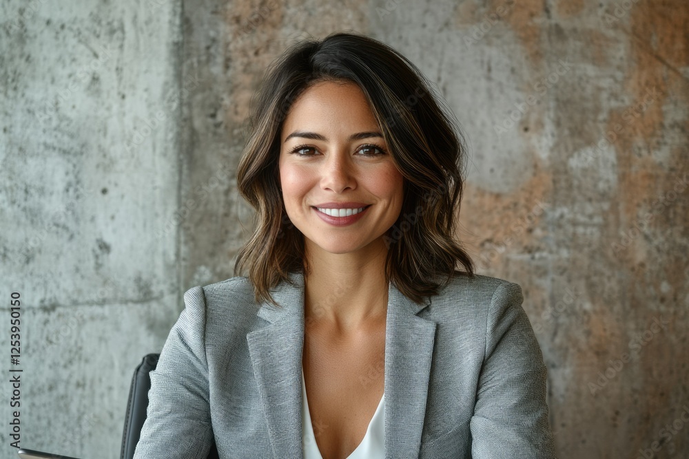 A smiling businesswoman in a grey blazer, exuding confidence and professionalism against a textured background. A smiling businesswoman in a grey blazer, exuding confidence and professionalism against a textured background.
