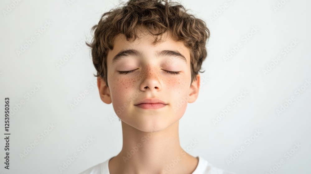 Playful Squint: Preteen Boy Enjoys Fun Trick Against a White Background Playful Squint: Preteen Boy Enjoys Fun Trick Against a White Background