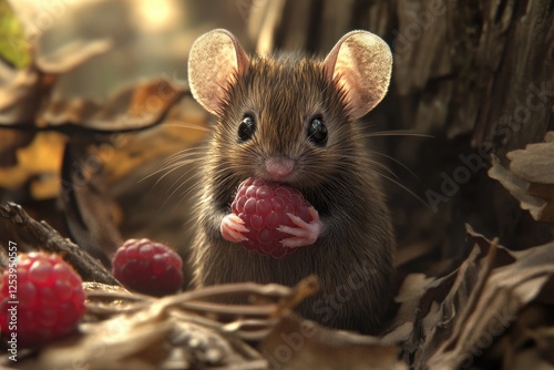 Alert Wild Mouse Enjoying Fresh Blackberry in a Wooden Setting photo