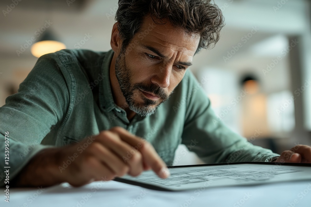 A focused man meticulously examines architectural blueprints, deeply engrossed in his work. A focused man meticulously examines architectural blueprints, deeply engrossed in his work.