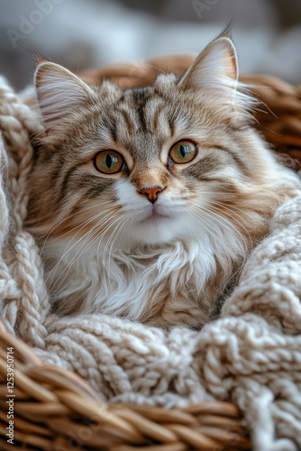 Fluffy cat resting comfortably in a cozy woven basket surrounded by soft knit blankets at home