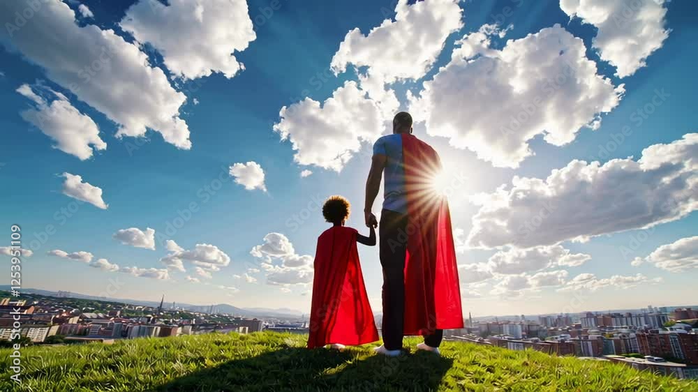 Father and son, wearing superhero capes, stand on a grassy hilltop, holding hands and gazing at a sprawling city skyline during a vibrant sunset, all captured in slow motion