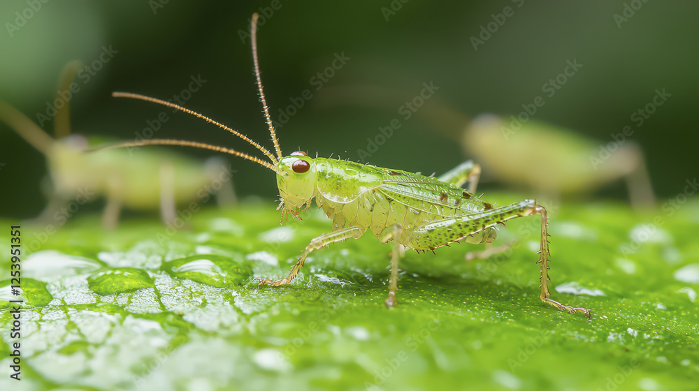close up of green grasshopper on leaf with water droplets, showcasing nature beauty close up of green grasshopper on leaf with water droplets, showcasing nature beauty