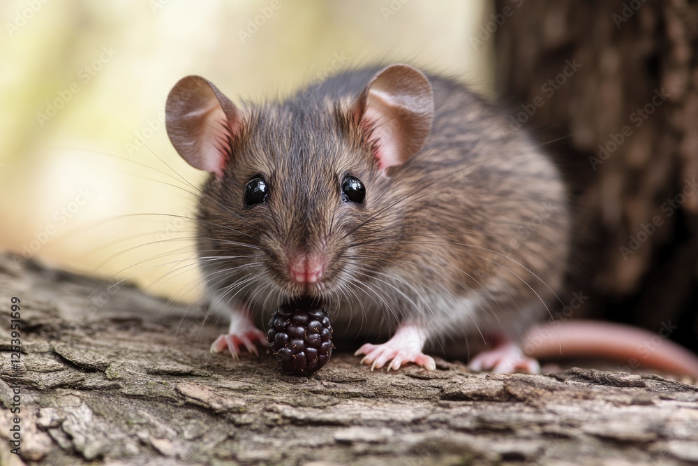 Playful Wild Mouse Nibbling on Juicy Raspberry Amidst Wooden Setting Playful Wild Mouse Nibbling on Juicy Raspberry Amidst Wooden Setting