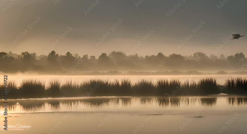 A foggy marshland at sunrise, with herons wading through the shallow water 4K A foggy marshland at sunrise, with herons wading through the shallow water 4K