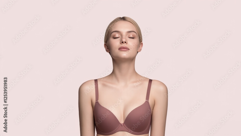 Model poses in a minimalistic setting wearing a modern brown bra showcasing comfortable design and elegance Model poses in a minimalistic setting wearing a modern brown bra showcasing comfortable design and elegance