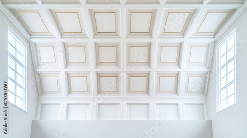 Elegant White Coffered Ceiling Design Featuring Geometric Patterns and Symmetrical Lines in a Bright, Well-Lit Architectural Interior Space for Modern Aesthetics
