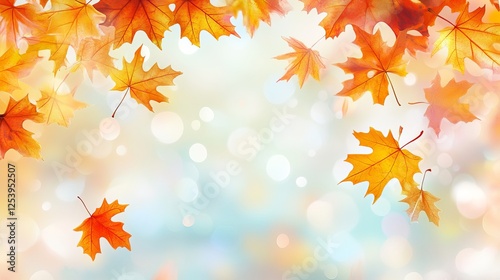 Vibrant Autumn Maple Leaves Falling Softly on a Bright Bokeh Background Perfect for Seasonal Designs and Fall Themed Projects Autumnal Nature         