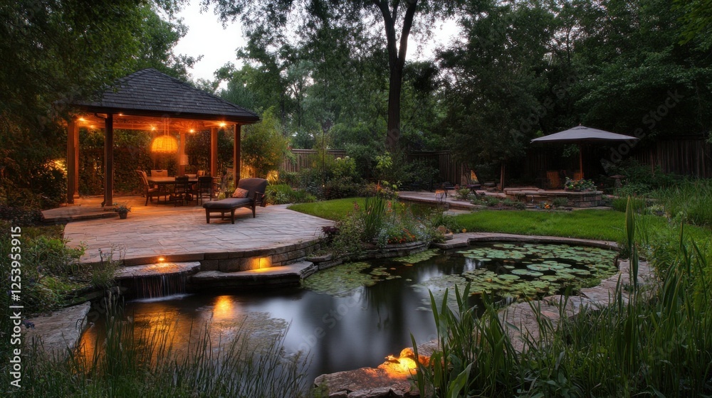 Obraz premium Serene Backyard Oasis: Illuminated Gazebo, Koi Pond, and Lush Greenery at Dusk