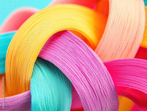 Colourful 3D ribbon-like shapes twisting and intertwining in a vivid and radiant background, creating a sense of movement  photo