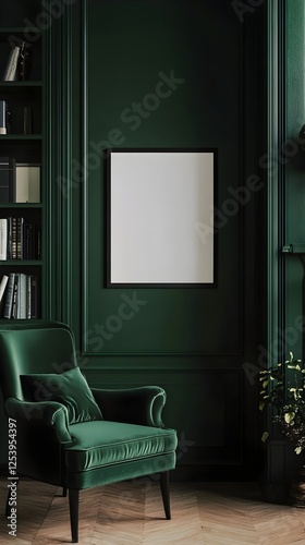 A deep green-walled library with a velvet reading chair and a framed blank canvas.
