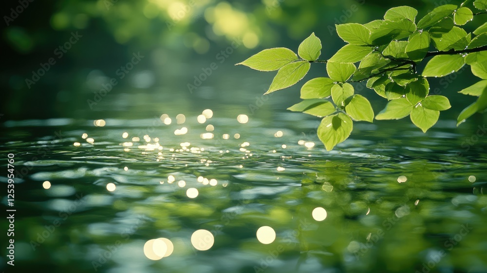 A serene view of shimmering water with green leaves reflecting sunlight. A serene view of shimmering water with green leaves reflecting sunlight.