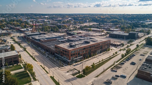 An aerial perspective of an urban renewal project transforming an industrial area into a vibrant mixed-use district, Urban renewal scene, Industrial transformation style