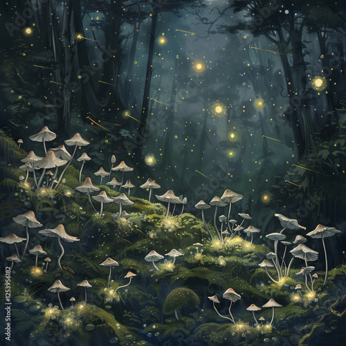 Nighttime forest illustration of small delicate illuminated mushrooms with fireflies flying in the air above them.