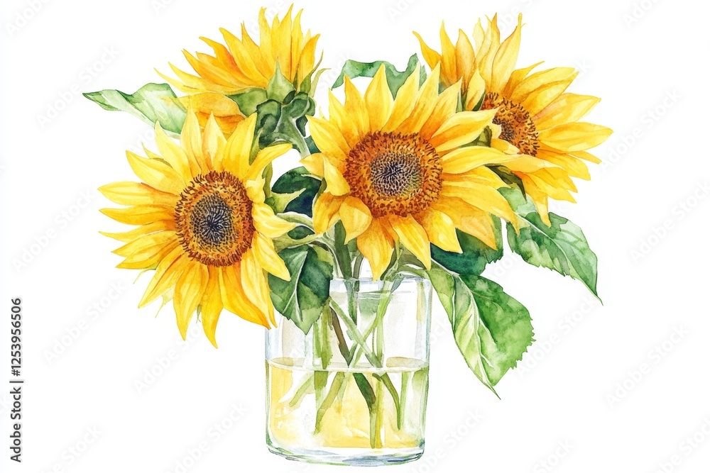 Obraz premium Watercolor sunflowers in vase, bright yellow blooms, cheerful bouquet, isolated on white background
