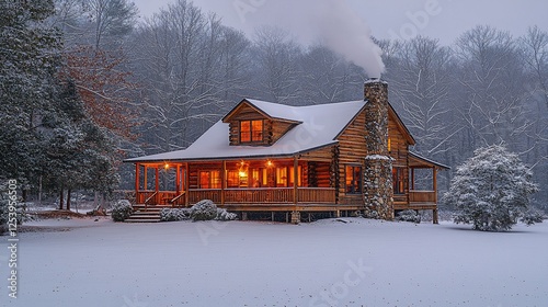 Cozy snow-covered cabin, warm lights, winter forest background, ideal for winter holiday or real estate ads