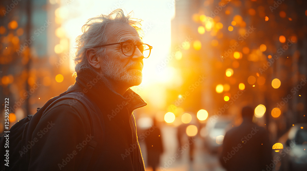 Naklejka premium Golden Hour urban portrait of a senior tourist on city streets
