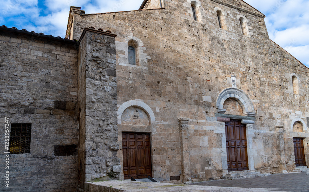 the majestic facade of the ancient medieval stone Romanesque-style cathedral in Anagni, Italy