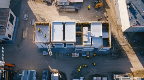 An aerial view of a construction crew assembling prefabricated modular units for a sustainable housing project, Modular housing assembly scene, Eco-friendly construction style