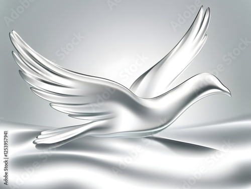 Silver Dove of Peace: A minimalist depiction of a dove in flight, rendered in gleaming silver against a soft, shimmering backdrop. The image evokes a sense of tranquility, purity, and hope.