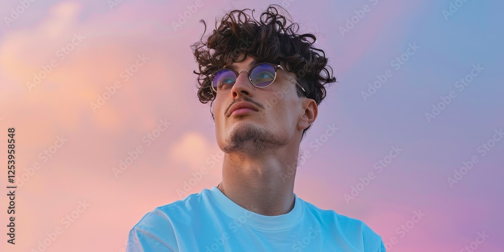 A young Caucasian man with curly hair, wearing round sunglasses, gazes thoughtfully at the sky during sunset, surrounded by soft pastel colors. A young Caucasian man with curly hair, wearing round sunglasses, gazes thoughtfully at the sky during sunset, surrounded by soft pastel colors.
