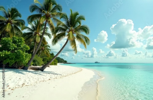 a tropical beach landscape with snow-white sand and blue water . with palm trees on the background of blue sky and sea. Beach holidays.
The island's beach. Tropical landscape, white sand with palm tre