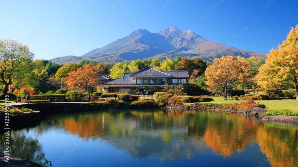 Fototapeta premium Autumn Serenity: Japanese Mountain Lake House