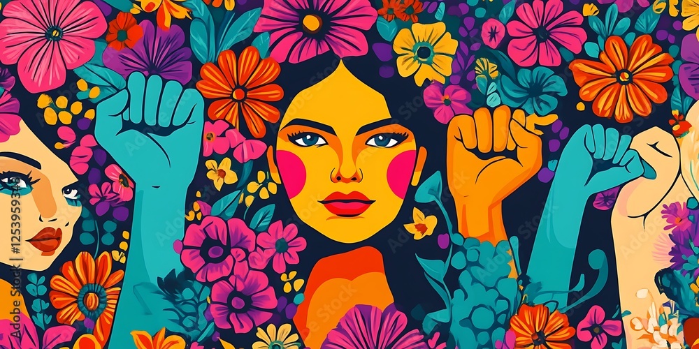 Women with raised fists and floral patterns for unity and strength Women with raised fists and floral patterns for unity and strength