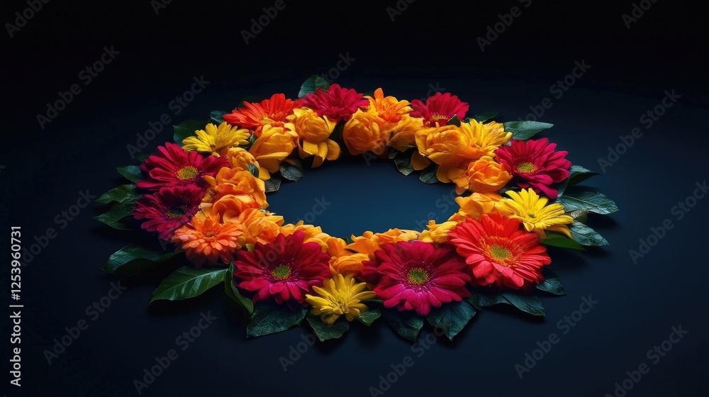 A traditional flower rangoli with fresh flowers in vibrant hues A traditional flower rangoli with fresh flowers in vibrant hues