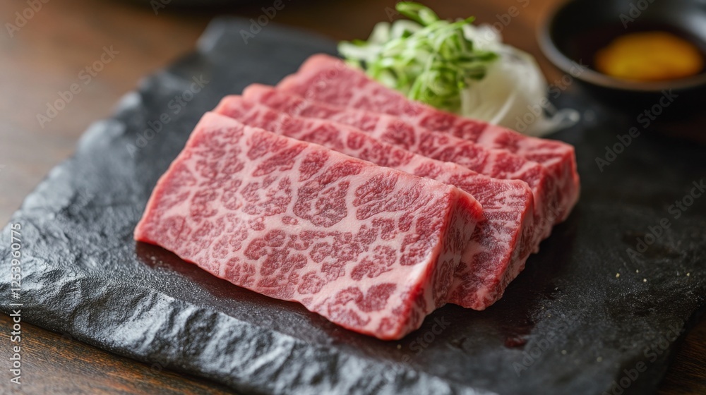 A chef slicing thick wagyu beef with precision, preparing it for a yakiniku-style barbecue experience. A chef slicing thick wagyu beef with precision, preparing it for a yakiniku-style barbecue experience.